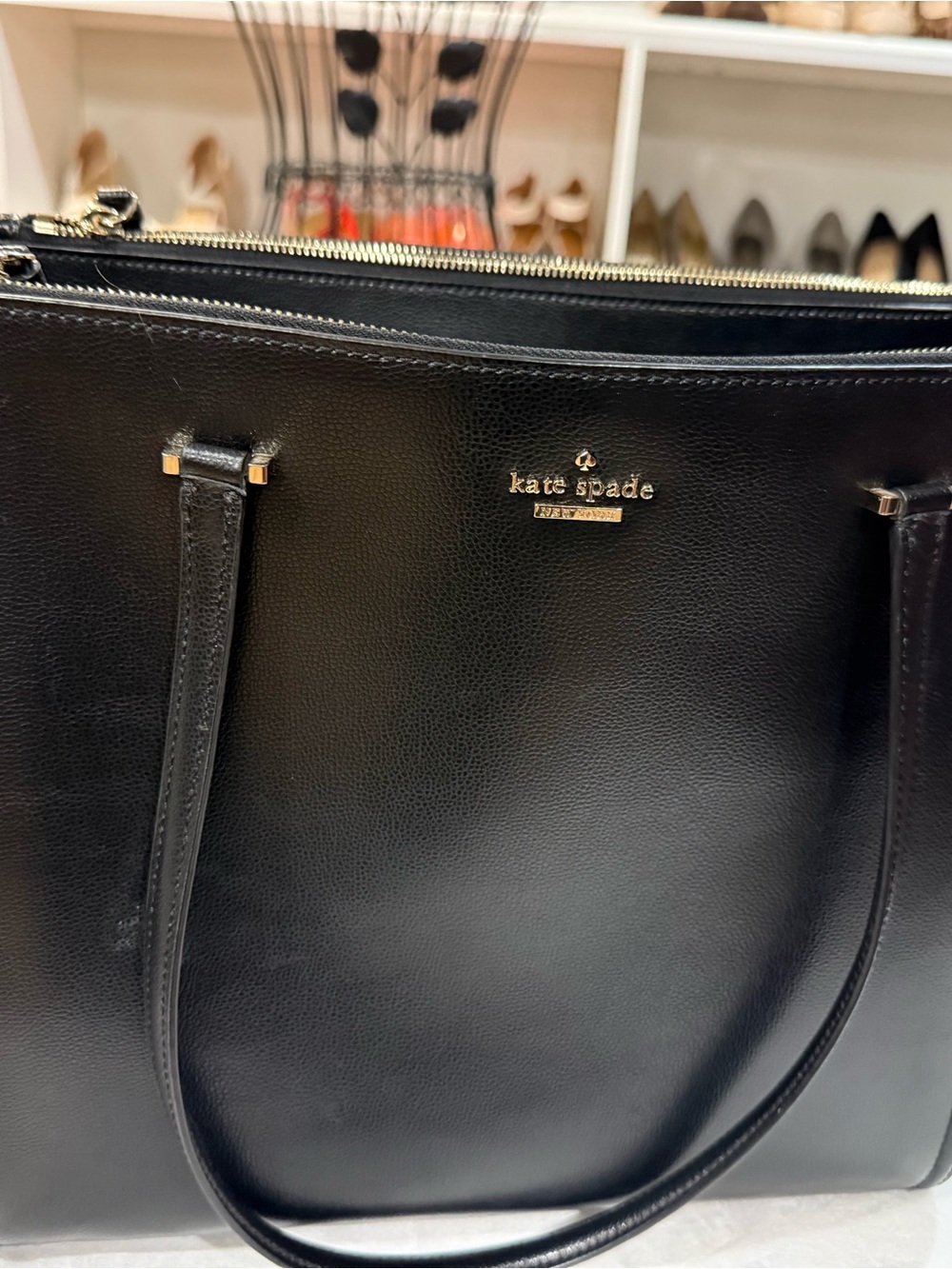 kate spade Black Leather Zip-Top Tote with Gold Logo